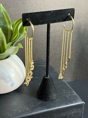 Gold Tone Dangle Stainless Steel Hoop Earrings with Number Charms